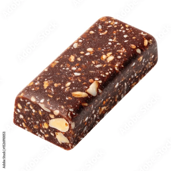 Fototapeta Energy Boost: A close-up shot of a tasty energy bar featuring delicious chocolate and assorted nuts. This perfect snack fuels the body with the right nutrients.