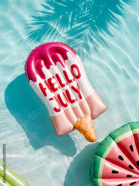 Obraz Hello July!  Colorful pool floats arranged in crystal-clear turquoise water. A pink and red ice-cream-shaped inflatable mattress with greeting text and watermelon slice-shaped mattress. 