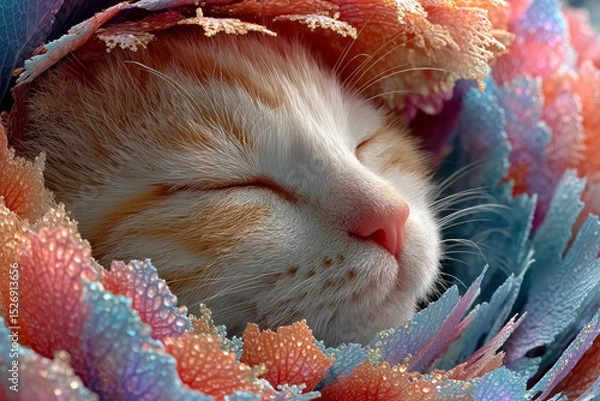 Fototapeta Hyperrealistic tiny kitten sleeping curled inside flower bud with velvet fur and glowing pastel tones in serene micro forest world Generative AI