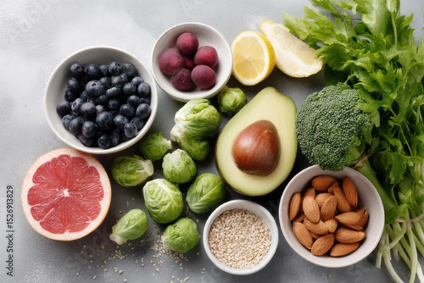 Fototapeta healthy meal spread on clean background featuring colorful fruits and vegetables rich in antioxidants
