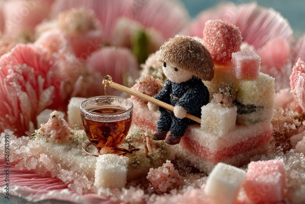 Fototapeta Micro tea party with tiny felt and candy creatures on flower petal, ultra-detailed fur, sugar crystals and porcelain in dreamy natural light Generative AI