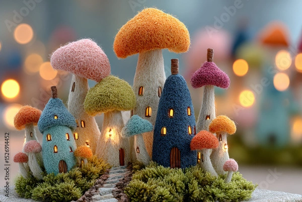 Fototapeta Cute micro mushroom village with tiny pastel houses growing from moss, hyperrealistic textures and soft light on dew-covered scene Generative AI