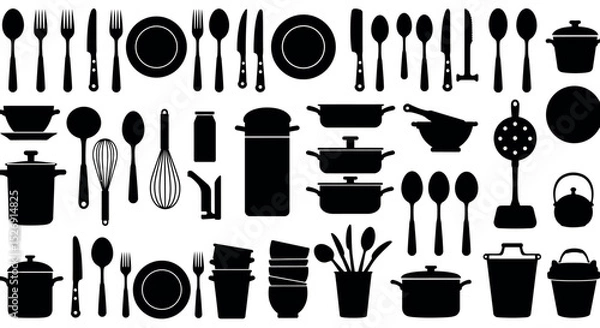 Fototapeta Silhouette collection of kitchen utensils and cookware on white background vector illustration