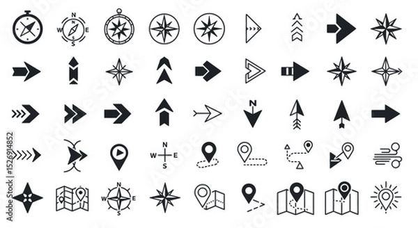 Fototapeta Collection of various direction and navigation arrow icons in black and white style vector illustration