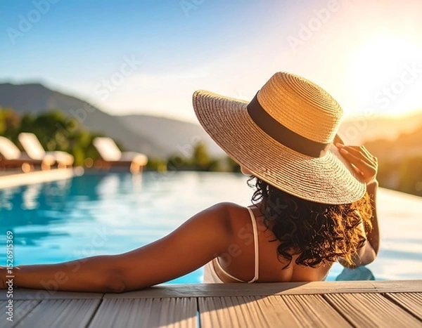 Obraz Woman relaxing by pool at sunset (1)