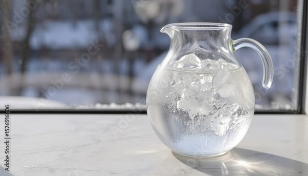 Fototapeta Clear glass pitcher with ice water on marble countertop against snowy window background
