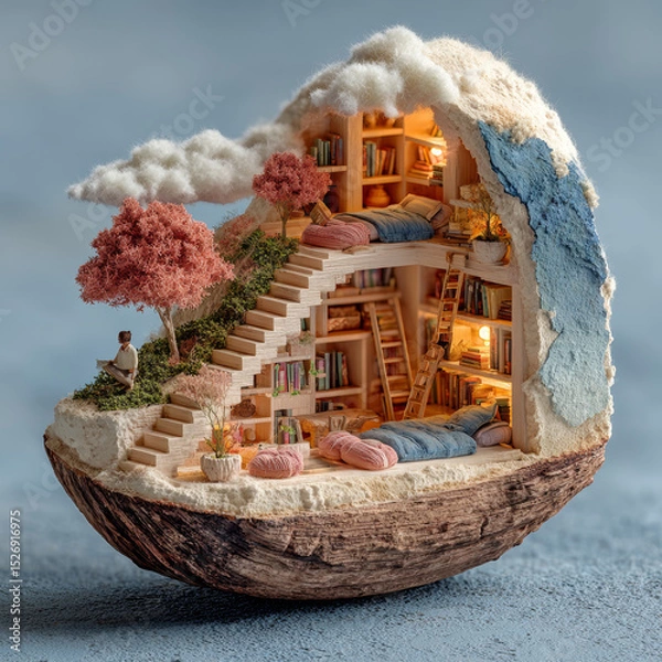 Fototapeta Pastel-colored micro library inside walnut shell with books, cushions and ladders, detailed wood textures and dreamy soft light Generative AI