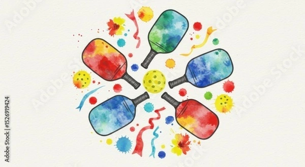 Fototapeta Colorful watercolor illustration of pickleball paddles and a yellow ball arranged in a festive circular pattern