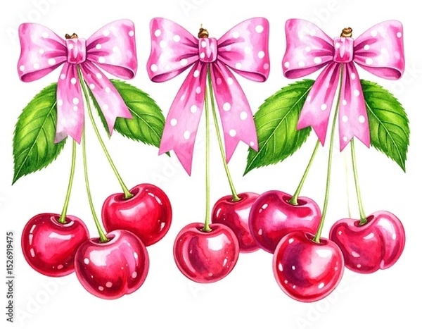 Obraz Watercolor cherries with pink bows