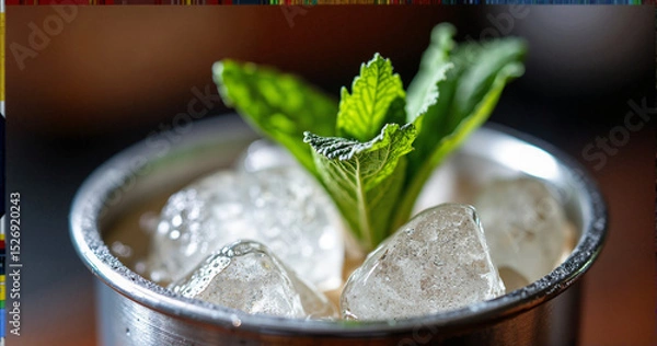 Fototapeta A refreshing mint julep cocktail served in a frosty silver julep cup, perfect for upscale bars and summer drink promotions.