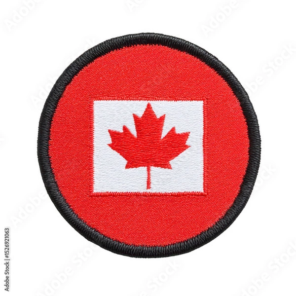 Obraz This shows circular patch featuring Canadian flag with red maple leaf on transparency background, surrounded by red border. patch is embroidered and has black edge