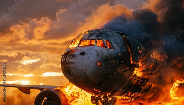 Fototapeta Plane is on fire and the sky is orange. The plane is in the middle of the fire and the flames are shooting out of the side