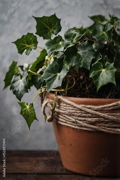Obraz Ivy in a pot, light photo and interior in boho style, twine, close-up, professional photo, stock photography