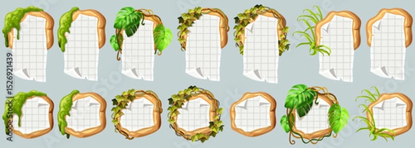 Obraz Wooden signboards with old paper, stems ivy, liana, grapes, vine, swamp moss, forest lichen. Set isolated wooden elements with blank, with ragged square graph paper, school math sheet. 