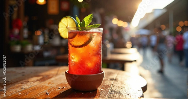 Fototapeta A Refreshing Glass of Tamarind Agua Fresca in a Rustic Clay Cup, Perfect for Promoting Mexican Cuisine and Summer Refreshments