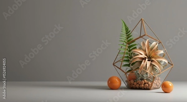 Fototapeta Geometric Terrarium with Plants and Oranges - Modern minimalist still life featuring a geometric glass terrarium containing air plants, a fern, and decorative stones