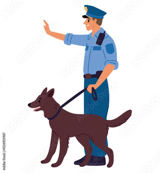 Obraz Policeman with police dog on duty. Puppy guide. Pet at leash. Officer working with canine breed animal. Doggy handler job. Patrol and crime investigation. Cop in uniform. Vector concept