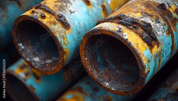 Fototapeta Aged polypropylene plumbing pipes affected by rust, limescale, and sludge buildup.