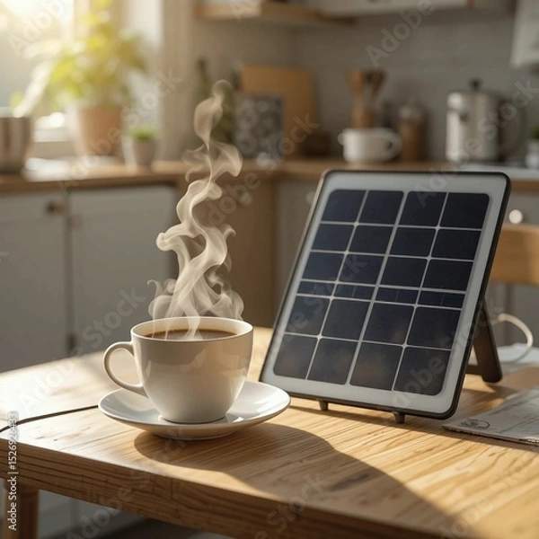 Obraz On a light wooden kitchen table there is a solar panel, a wire runs from it that connects it to a cup of coffee, steam comes from the coffee, solar lighting, sun rays in the photo, professional stock