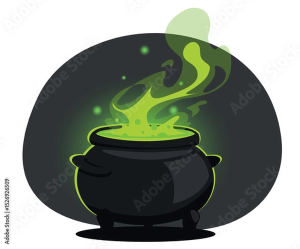Obraz Metal magical cauldron of boiling magic brew. Sorcery laboratory. Fantasy pot with toxic smoke. Witchcraft and alchemy boiler. Evil essence substance. Poison drink. Vector witch pan
