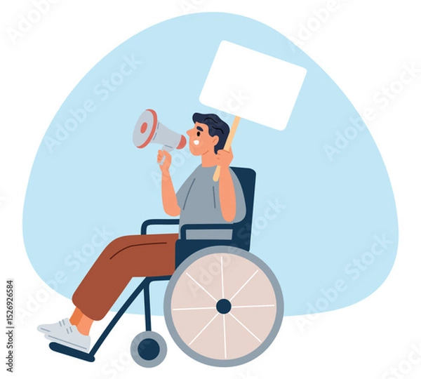 Obraz Man in wheelchair holds megaphone and poster. Active life position for people with disability. Social movement demonstration. Injured protestor picketing. Disabled guy. Vector concept