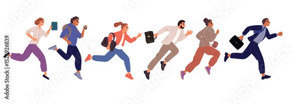 Obraz Hurried men and women late to office. People running to work. Rush businessman with briefcase. Speed run. Group fast race. Busy young managers team. Urgent time failure. Vector concept