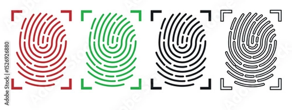 Obraz Human fingerprint icons. Finger prints scanning. Silhouette thumbprints in scan frame. ID authorization technology. Identification sign. Fingermark verification scanner. Vector symbols set
