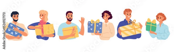 Obraz Happy men and women holding boxes with gifts in hands. Smiling people with presents. Give or receive surprise. Holiday celebrate. Birthday anniversary. Persons with giftboxes vector set