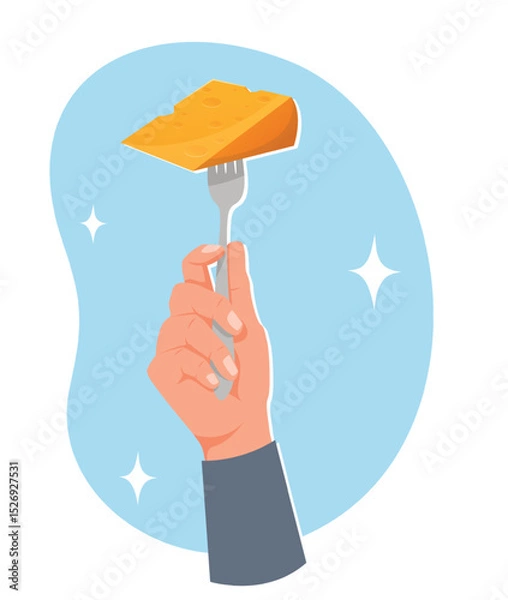Obraz Hand holding table fork with piece yellow cheese poked. Dairy product. Gourmet delicacy. Tasty food eating. Cutlery in arm. Cooking ingredient. Cheesy snack. Cheddar or Maasdam slice. Vector concept