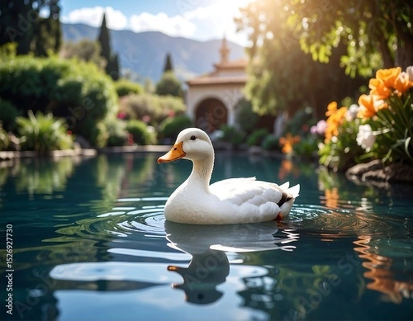 Obraz White duck in a serene garden pond