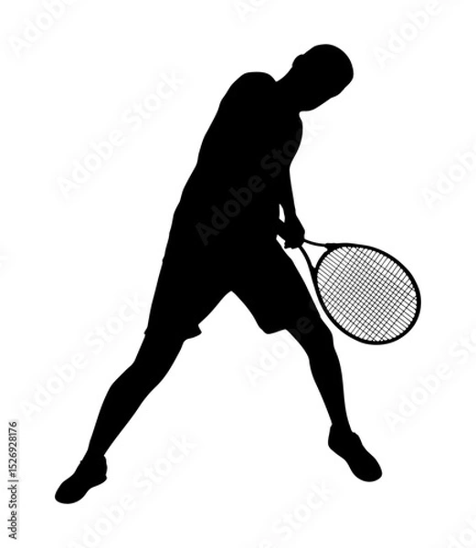 Fototapeta Male tennis player, isolated silhouette. The type of sport is lawn tennis. An active man hitting a ball with a racket. Vector illustration