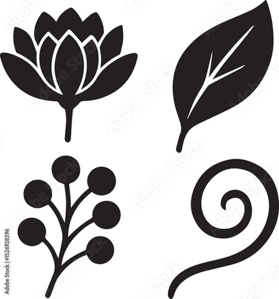 Fototapeta A clipart set with lotus flower, tree leaf, swirl as graphics design elements