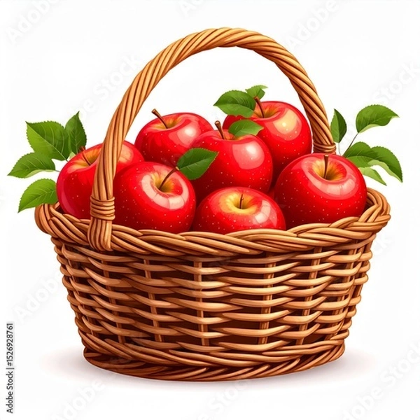 Fototapeta Red Apples in Brown Wicker Basket on White Background
