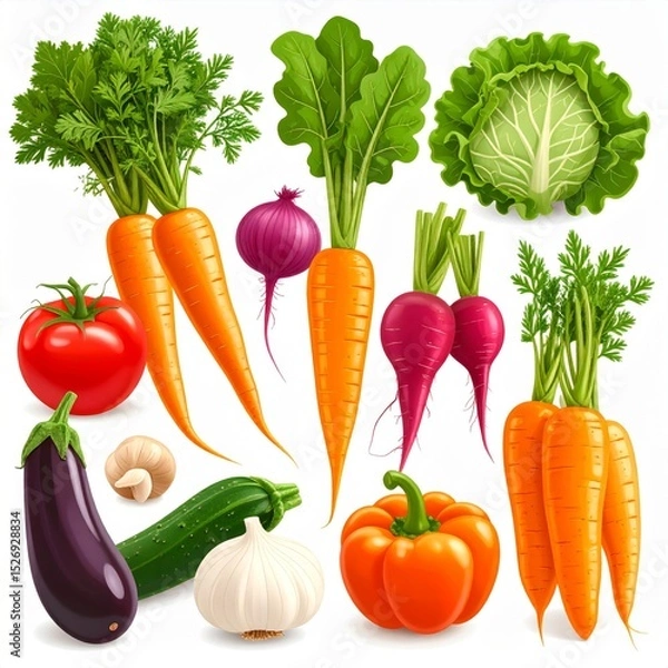Fototapeta Assortment of Fresh Colorful Vegetables on White Background