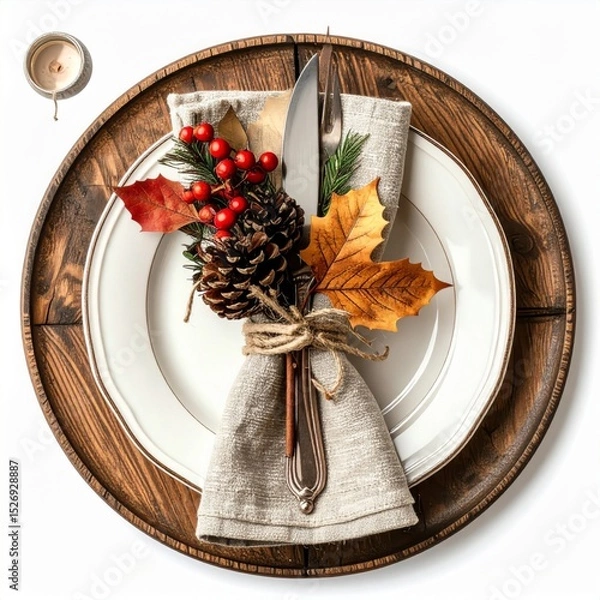 Fototapeta Rustic Autumnal Table Setting with Pine Cone and Berries