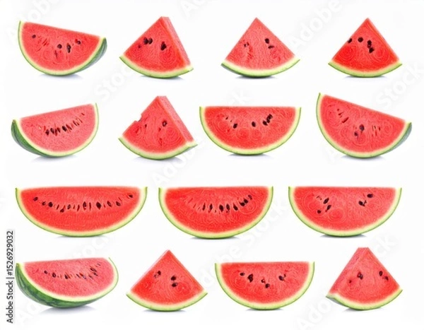 Fototapeta Collection of Red Watermelon Slices on White Background