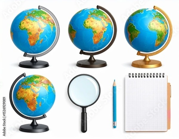 Fototapeta Multiple Globes with Magnifying Glass, Notebook, and Pencil