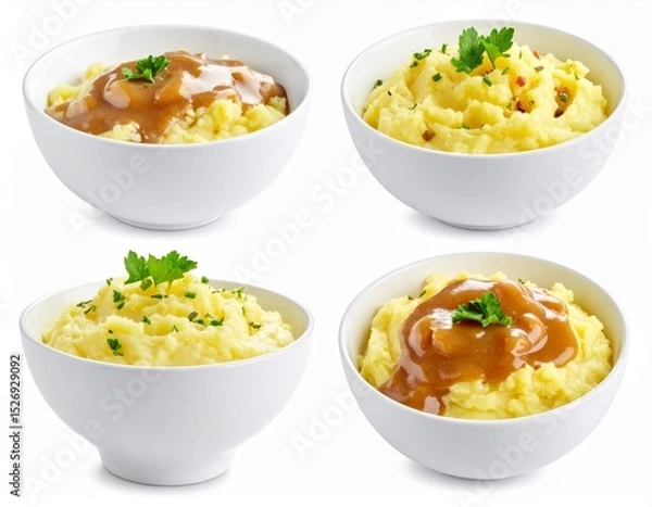 Fototapeta Four Bowls of Creamy Mashed Potatoes with Gravy