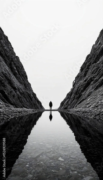 Fototapeta Mysterious figure stands alone by tranquil water between steep rocky cliffs in monochrome landscape