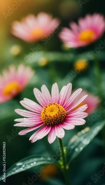 Fototapeta Beautiful pink daisies bloom in a lush garden during late spring, showcasing vibrant colors and delicate petals