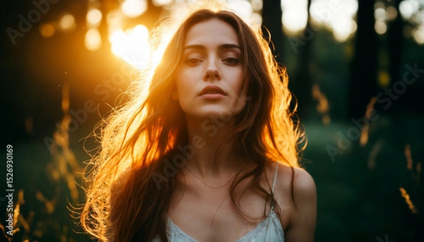 Fototapeta Young woman with flowing hair stands in a sunlit forest during the golden hour, surrounded by nature's beauty