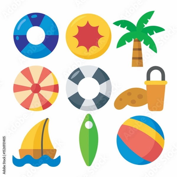 Fototapeta Flat Summer Beach Vacation Icons Set 