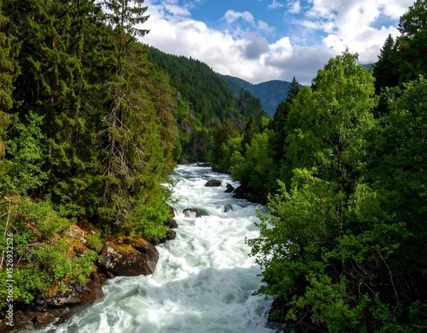 Obraz Mountain river flowing through lush forest (1)