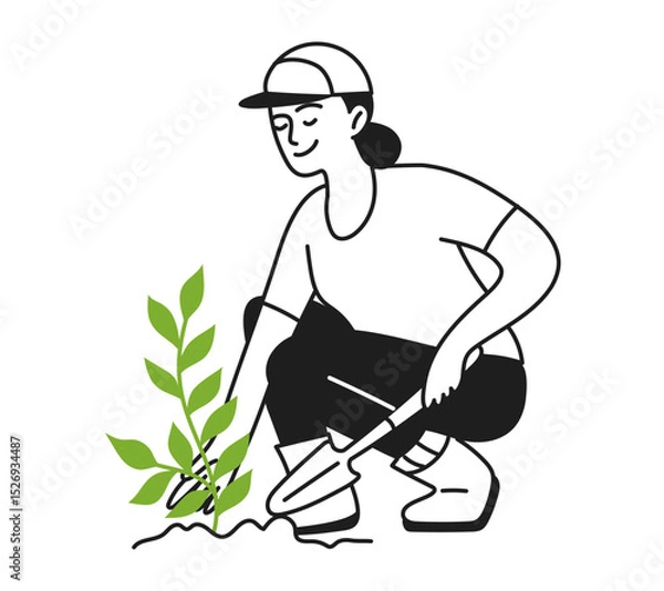 Obraz Woman working in the garden, planting a plant, caring for plants. Caring for nature. Gardening, park. Ecology. Vector illustration doodle