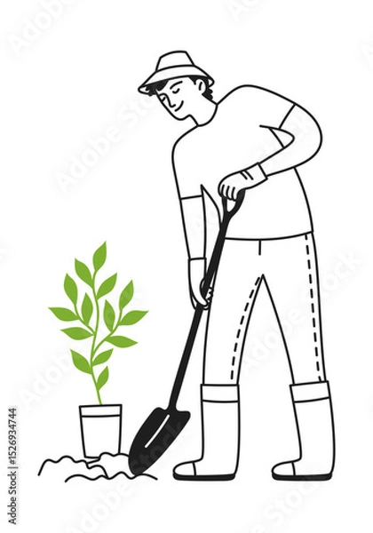 Obraz Man with a shovel works in the garden, plants a plant, takes care of plants. Caring for nature. Gardening. Ecology. Vector illustration doodle