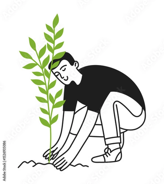 Obraz Man working in the garden, planting a plant, taking care of plants. Caring for nature. Gardening. Ecology. Vector illustration doodle