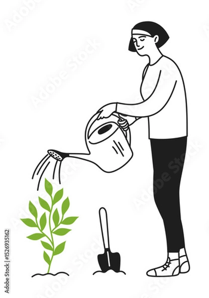 Obraz Woman watering plant, taking care of plants. Caring for nature. Gardening. Ecology. Vector illustration doodle