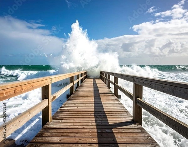 Obraz Powerful wave crashing on a wooden pier