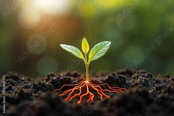 Fototapeta Vibrant young plant grows in rich soil, revealing a powerful network of glowing energetic roots, symbolizing the power of a strong foundation