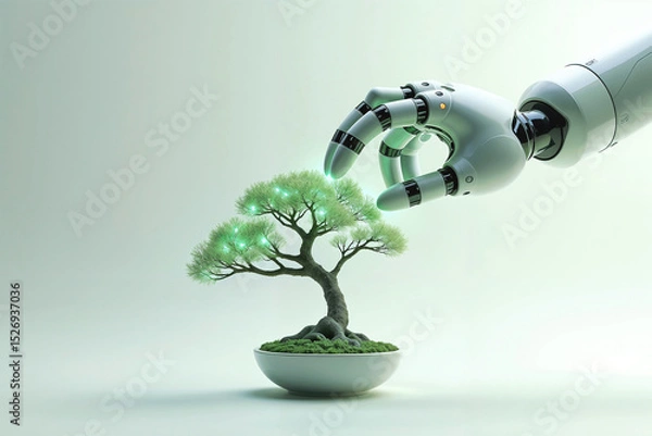Fototapeta A robotic hand gently nurtures a luminous bonsai, bridging technology and nature, symbol of technology and nature in harmony